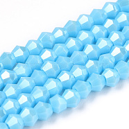 Opaque Solid Color Electroplate Glass Beads Strands, Pearl Luster Plated, Faceted, Bicone, Light Sky Blue, 2.9~3.3x2.5mm, Hole: 0.7mm, about 145~150pcs/strand, 16.34~16.54 inch(41.5~42cm)(EGLA-A039-P2mm-A12)