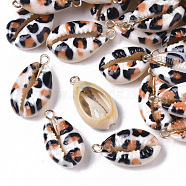 Printed Natural Cowrie Shell Pendants, with Golden Plated Brass Loop, Leopard Print Pattern, Peru, 19~23x11~13x6.5~7.5mm, Hole: 2mm(SSHEL-R047-02-A03)