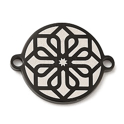 304 Stainless Steel Connector Charms, Ion Plating(IP) Flat Round Links with Flower Pattern, Electrophoresis Black, 16x20x1.5mm, Hole: 1.6mm(STAS-A086-09EB)