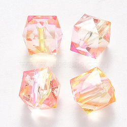 Two Tone Transparent Spray Painted Acrylic Beads, Polygon, Pearl Pink, 7.5x8x8mm, Hole: 1.8mm(X-ACRP-T005-26O)