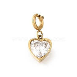 Heart 304 Stainless Steel Rhinestone Pendant Decorations, with Spring Ring Clasps, Ion Plating(IP), Real 18K Gold Plated, 15.5mm, Hole: 2.5mm(STAS-H202-39G)