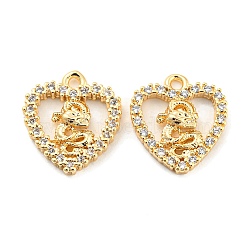 Brass Micro Pave Clear Cubic Zirconia Charms, Heart with Dragon, Real 18K Gold Plated, 14x12.5x2.5mm, Hole: 1.2mm(KK-Z034-02G)