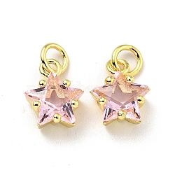 Eco-friendly Brass Micro Pave Cubic Zirconia Pendants, with Jump Ring, Cadmium Free & Lead Free, Real 18K Gold Plated, Star, Pink, 11x8.5x5mm, Hole: 3.2mm(KK-D080-44G-02)