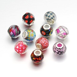 Rondelle Resin European Beads, Large Hole Rondelle Beads, with Silver Color Plated Brass Core, Faceted, Mixed Color, 16x15mm, Hole: 5mm(RPDL-M002-M)
