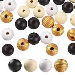 160 Pcs 4 Colors Bee Honey Color Painted Natural Wood Round Beads, for DIY Craft, with Waterproof Vacuum Packing, Old Lace & Black & White & Goldenrod, 16mm, Hole: 4mm, 40pcs/color(X1-WOOD-LS0001-01O)
