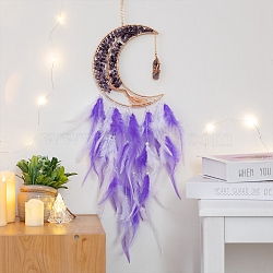 Copper Wire Wrapped Natural Amethyst Chip Moon with Tree of Life Pendant Decorations, with Feather, for Outdoor Garden Decoration, Medium Slate Blue, 600x180mm(PW-WG65803-01)