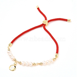 Adjustable Nylon Cord Slider Bracelets, Bolo Bracelets, with Natural Pearl Beads, Brass Beads and Brass Enamel Charms, Flat Round, Red, Star Pattern, Inner Diameter: about 2-1/4~3-1/2 inch(5.7~9cm)(BJEW-JB05544-04)