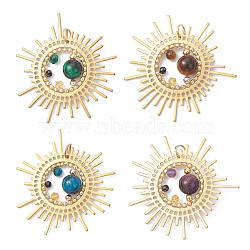 Natural Tiger Eye & Agate Pendants, Sun Charms with Glass Beads and Brass Findings, Golden, Mixed Dyed and Undyed, Mixed Color, 41.5x43.5x8.5mm, Hole: 4.5mm(PALLOY-MZ01089)