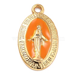 Golden Alloy Enamel Pendants, Long-Lasting Plated, Our Lady of the Miraculous Medal, Oval, Orange, 21x12x1.5mm, Hole: 1.7mm(KK-P197-16F)