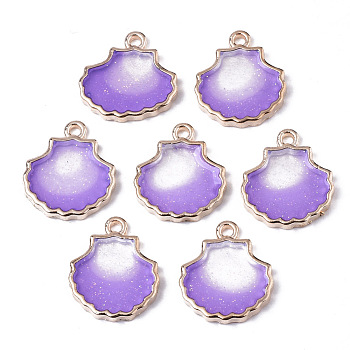Alloy Resin Pendants, with Glitter Powder, Scallop Shell Shape, Lead Free, Golden, Medium Orchid, 18x16x2.5mm, Hole: 1.6mm