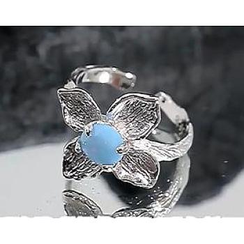 925 Sterling Silver Open Rings, Irregular Flower Design Inlaid with Blue Stone Adjustable Rings for Women, Platinum, 18.5mm, Inner Diameter: US Size 5 1/2(16mm)