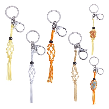 4Pcs  4 Colors Macrame Fringe Braided Keychain, Black Glass Bead Tassel Charm Key Ring for Handbag, Car Decoration, Yellow, 17.5cm, 1pc/color