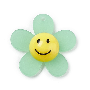 Frosted Translucent Acrylic Pendants, Sunflower with Smiling Face Charm, Pale Green, 29x30x9mm, Hole: 1.8mm