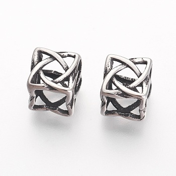 304 Stainless Steel Beads, Cube, Hollow, Antique Silver, 8.5x8.5x8.5mm, Hole: 5x6mm
