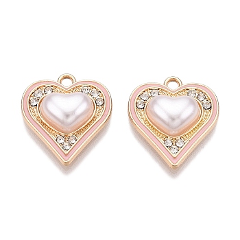 Rack Plating Alloy Rhinestone Pendants, with ABS Plastic Imitation Pearl, Heart, PeachPuff, 18.5x16.5x5.5mm, Hole: 1.8mm