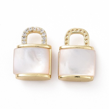 Brass Micro Pave Clear Cubic Zirconia Pendants, with Shell, Lock Charm, Real 18K Gold Plated, 14x9.5x5mm, Hole: 3.5x3.5mm
