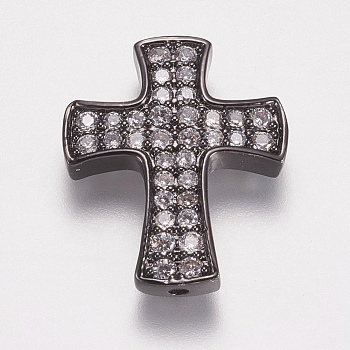 Brass Micro Pave Cubic Zirconia Beads, Cross, Gunmetal, 23.5x19.5x3.5mm, Hole: 1.5mm