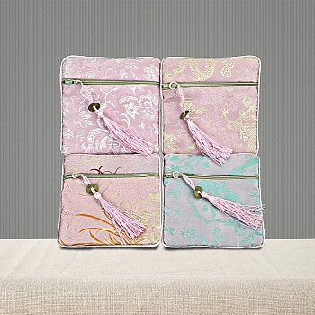Double-layer Zipper Cloth Bag, Chinese Style Jewelry Storage Bag for Jewelry Accessories, Random Pattern, Pink, 11.5x11.5cm