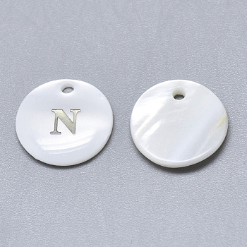 Natural White Shell Mother of Pearl Shell Charms, with Iron Sticker, Flat Round with Letter, Letter.N, 13x2mm, Hole: 1.5mm