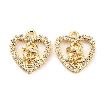 Brass Micro Pave Clear Cubic Zirconia Charms, Heart with Dragon, Real 18K Gold Plated, 14x12.5x2.5mm, Hole: 1.2mm