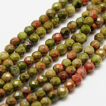 Natural Unakite Beads Strands, Faceted Round, 3mm, Hole: 0.8mm, about 136pcs/strand, 16 inch