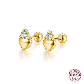 925 Sterling Silver Heart Stud Earring with Cubic Zirconia, Real 18K Gold Plated, 7x3mm