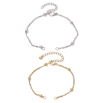 2Pcs 2 Colors 304 Stainless Steel Singapore Chain Bracelets Making, with Ball, Golden & Stainless Steel Color, 6-3/4 inch(17.1cm), 1pc/color