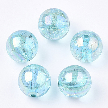 Transparent Acrylic Beads, with Glitter Powder, Glitter Beads, Round, Turquoise, 19~19.5x19mm, Hole: 2.5mm, about 110pcs/500g