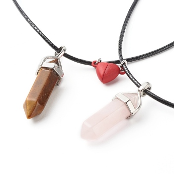 Natural Tiger Eye & Rose Quartz Double Terminated Pointed Pendants Necklaces Set for Couples Best Friends, Magnetic Heart Alloy Clasps Necklaces, Red, 17.52 inch(44.5cm), 2pcs/set