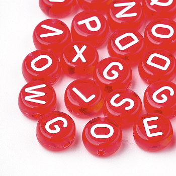 Transparent Acrylic Beads, Horizontal Hole, Mixed Letters, Flat Round, Red, 7x4mm, Hole: 1.5mm, about 3700pcs/500g