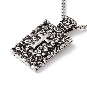 Alloy Rectangle with Cross Pendant Necklace with 201 Stainless Steel Box Chains, Gothic Jewelry for Men Women, Antique Silver & Stainless Steel Color, 23.62 inch(60cm)