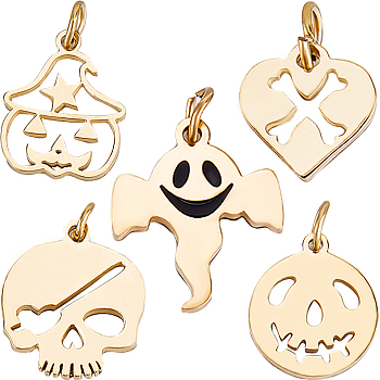 10Pcs 5 Style 316 Surgical & 304 Stainless Steel Enamel Charms, with Jump Rings, Laser Cut, Skull & Ghost & Heart with Bone, for Halloween, Real 14K Gold Plated, 8~12x8~10x1mm, Hole: 2.4~2.6mm, 2pcs/style