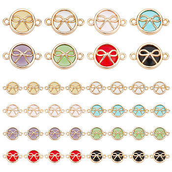 Elite 32Pcs 8 Colors Glass connector Charms, with Light Gold Plated Alloy Findings, Flat Round with Bowknot, Mixed Color, 13.5x19.5x5.5mm, Hole: 1.6mm, 4pcs/color