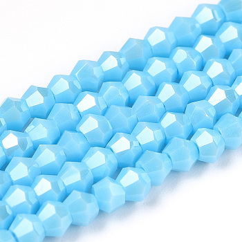 Opaque Solid Color Electroplate Glass Beads Strands, Pearl Luster Plated, Faceted, Bicone, Light Sky Blue, 2.9~3.3x2.5mm, Hole: 0.7mm, about 145~150pcs/strand, 16.34~16.54 inch(41.5~42cm)