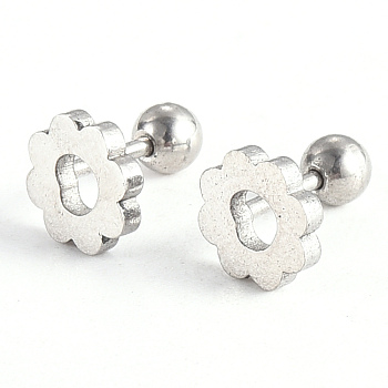 201 Stainless Steel Flower Barbell Cartilage Earrings, Screw Back Earrings, with 304 Stainless Steel Pins, Stainless Steel Color, 7.5x7.5x2mm, Pin: 1mm
