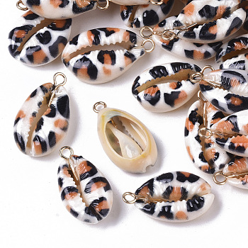 Printed Natural Cowrie Shell Pendants, with Golden Plated Brass Loop, Leopard Print Pattern, Peru, 19~23x11~13x6.5~7.5mm, Hole: 2mm