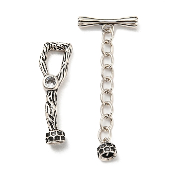 Eco-Friendly Brass Pave Clear Cubic Zirconia Toggle Clasps with Extended Chains, Cadmium Free & Lead Free, Antique Silver, O clasps: 28x9x5mm, T clasps: 40x16x3mm, Inner Diameter: 3mm