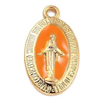 Golden Alloy Enamel Pendants, Long-Lasting Plated, Our Lady of the Miraculous Medal, Oval, Orange, 21x12x1.5mm, Hole: 1.7mm