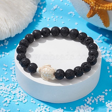 Natural Lava Rock Round & Synthetic Turquoise Turtle Beaded Stretch Bracelet for Women(BJEW-JB09700-04)-2