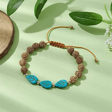 Round Natural Rudraksha and Synthetic Dyed Turquoise Braided Bead Bracelets(BJEW-JB10550)-2