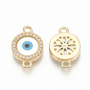 Brass Micro Pave Cubic Zirconia Links, Clear, with Shell, Flat Round with Evil Eye, Nickel Free, Real 18K Gold Plated, 17x11.5x2.5mm, Hole: 1.5mm(ZIRC-Q014-063G)