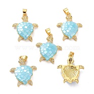 Real 18K Gold Plated Brass Micro Pave Clear Cubic Zirconia Pendants, with Shell filled in Enamel, Long-Lasting Plated, Turtle, Deep Sky Blue, 26x21x5.5mm, Hole: 4x3.5mm(KK-D004-05G-B)