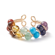 Natural & Synthetic Mixed Gemstone Braided Open Cuff Ring, Light Gold Plated Copper Wire Wrapped Jewelry for Women, US Size 7 3/4(17.9mm)(RJEW-JR00507)