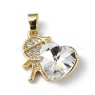 Real 18K Gold Plated Rack Plating Brass Micro Pave Clear Cubic Zirconia Pendants, with Glass, Long-Lasting Plated, Cadmium Free & Lead Free, Boy with Heart Charm, Clear, 19.5x18x7.5mm, Hole: 5.5x3.5mm(KK-C015-21G-03)
