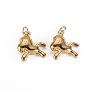 304 Stainless Steel Charms, with Jump Rings, Horse, Real 14K Gold Plated, 12x11x4mm, Jump Ring: 3.8x0.5mm, 2.8mm inner diameter(STAS-S116-202G)