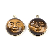 Natural Tiger Eye Smiling Face Pendants, Golden Tone Rack Plating Brass Flat Round Charms, 19x17.1x7.9mm, Hole: 1.2mm(G-K372-02G)