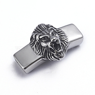 Retro 304 Stainless Steel Slide Charms/Slider Beads, for Leather Cord Bracelets Making, Rectangle with Lion, Antique Silver, 21x34x14mm, Hole: 4x8mm(X-STAS-L243-025AS)