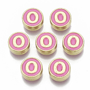 Alloy Enamel Beads, Cadmium Free & Nickel Free & Lead Free, Flat Round with Initial Letters, Light Gold, Letter.O, 8x4mm, Hole: 1.5mm(X-ENAM-S122-028O-NR)