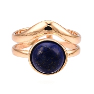 Round Natural Lapis Lazuli Finger Rings, Golden Tone Alloy Open Cuff Ring for Women, 15mm, Adjustable(RJEW-N046-10E)