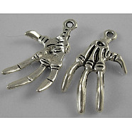 Tibetan Style Alloy Skeleton Hand Pendants for Halloween, Antique Silver, Lead Free & Cadmium Free & Nickel Free, 32x19x3mm, Hole: 2mm(X-LF1287Y-NF)